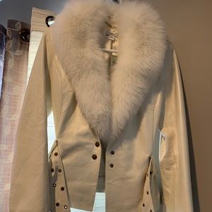 Pearl white fur hooded leather jacket